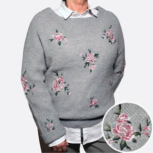 Coco Deal Floral Embroidered Mohair Sweater Gray Coquette Romantic Plus Sz 1X XL